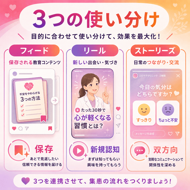 フィード、リール、ストーリーズを目的別に使い分け、保存・新規認知・双方向コミュニケーションにつなげる流れを示したイラスト