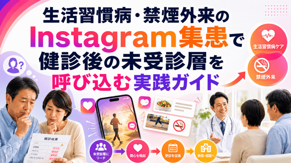 生活習慣病・禁煙外来のInstagram集患で健診後の未受診層を受診につなげる流れを示した画像