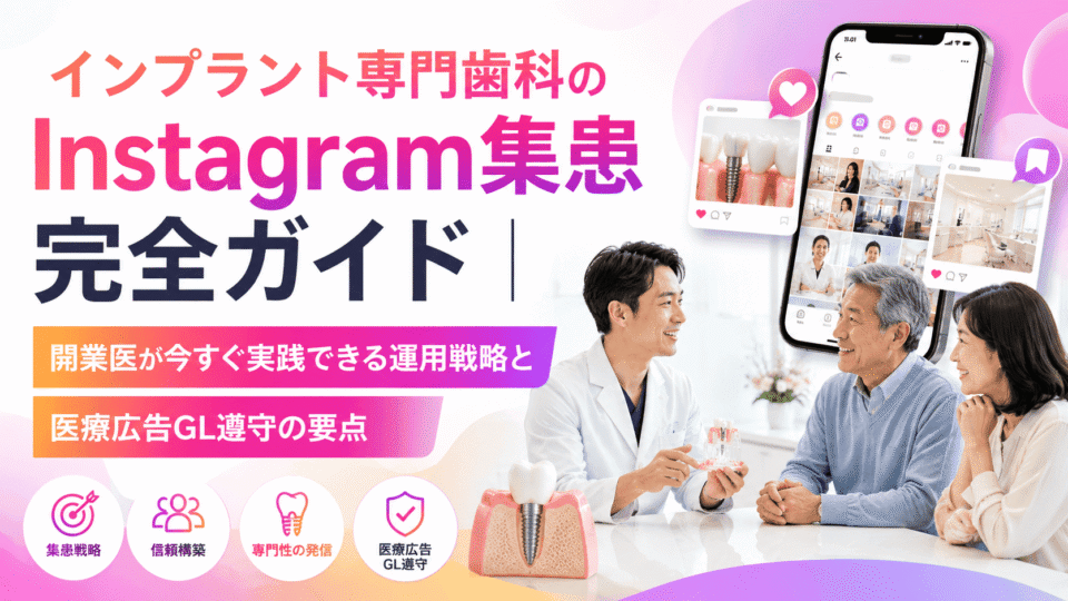インプラント専門歯科のInstagram集患戦略を、歯科医師と患者、スマートフォン投稿画面で表現したアイキャッチ画像