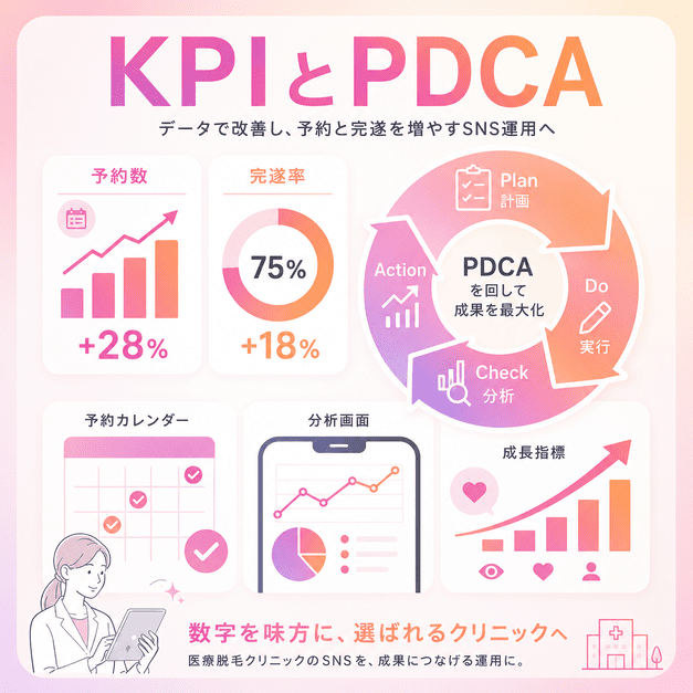 カウンセリング予約数とコース完遂率を軸にInstagram運用をPDCAで改善する流れを示したイラスト