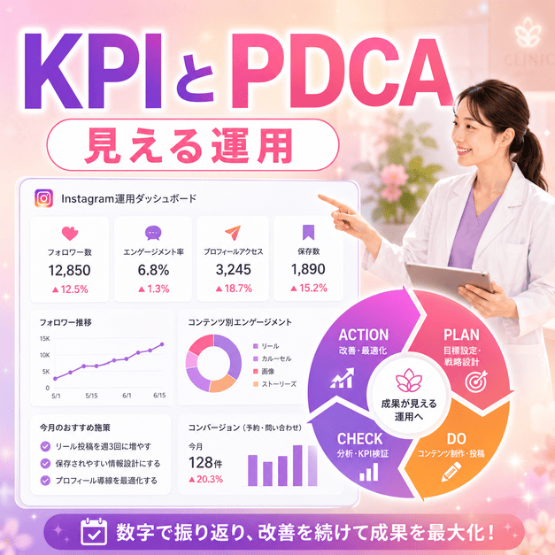 Instagram運用のKPIダッシュボードとPDCAサイクルで成果を可視化するイメージ