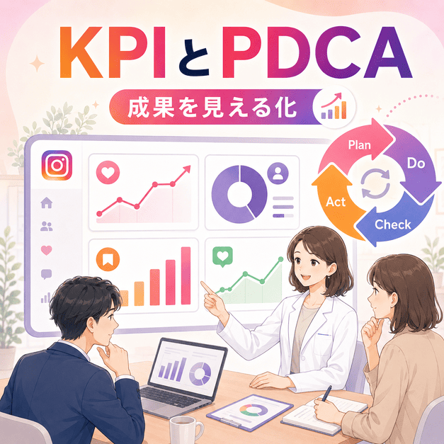 心療内科InstagramのKPIをダッシュボードで可視化し、PDCAで改善する運用会議のイラスト