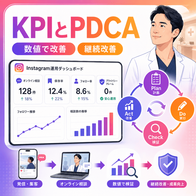 Instagram運用のKPIダッシュボードとPDCAサイクルで継続改善する流れを示したイラスト