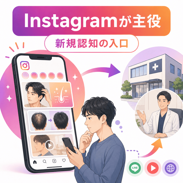 AGA・薄毛治療クリニックでInstagramが新規認知と集患の入口になる流れを示したイラスト