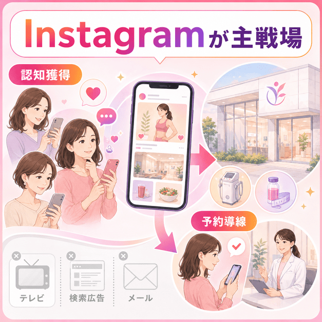 メディカルダイエット領域でInstagramが認知獲得と予約導線の中心になる流れを示したイラスト