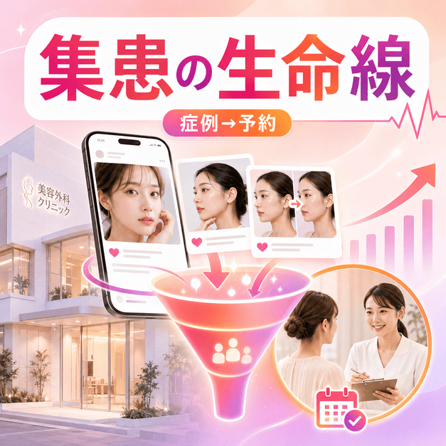 美容外科クリニックのInstagram投稿から症例閲覧、予約、来院へつながる集患導線を表したイラスト
