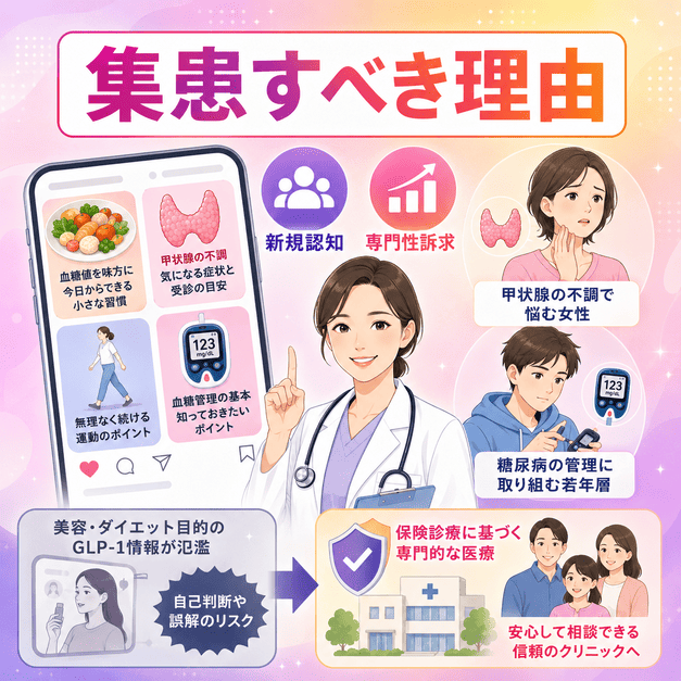 糖尿病・内分泌内科クリニックがInstagramで新規認知や専門性訴求を行う理由を、医師とSNS投稿で示したイラスト