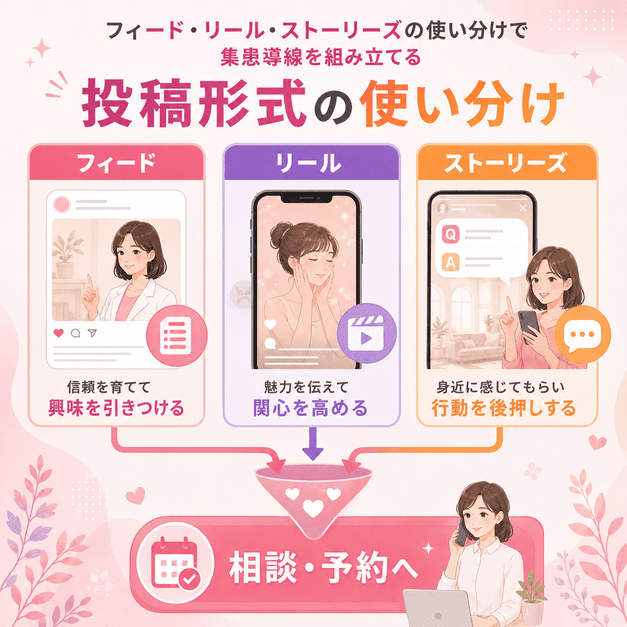 フィード、リール、ストーリーズを使い分けて相談や予約につなげるInstagram集患導線を示したイラスト