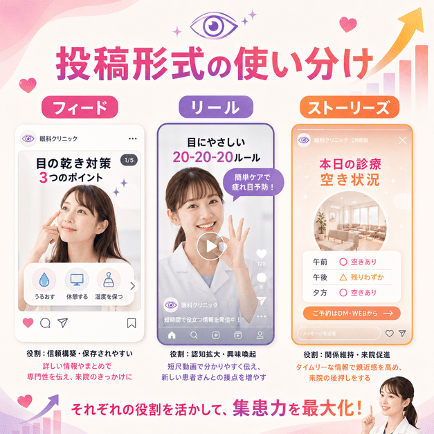 フィード、リール、ストーリーズを使い分けて眼科クリニックの集患力を高める投稿形式のイラスト