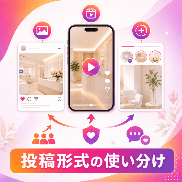 フィード、リール、ストーリーズを使い分けて審美歯科の認知拡大と予約導線を強化する様子を表したイラスト