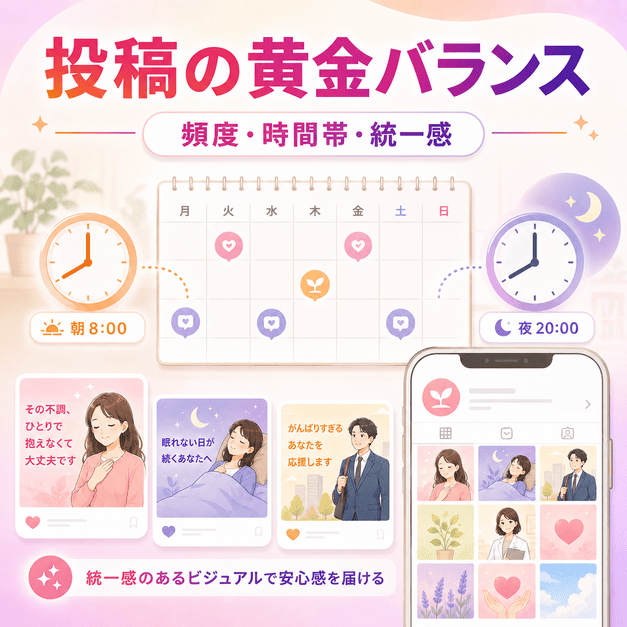 心療内科Instagramの投稿頻度、朝夜の配信時間、統一感あるビジュアル設計を示したイラスト
