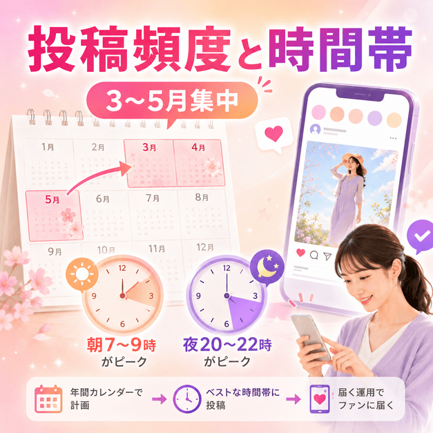 3〜5月の集中投稿、年間カレンダー、朝夜の投稿時間帯を組み合わせたInstagram運用イメージ