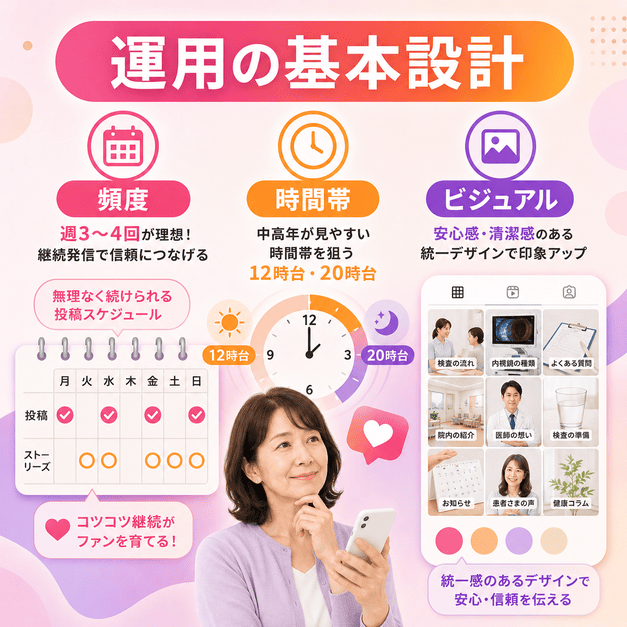 投稿頻度、配信時間帯、ビジュアル統一で中高年ペルソナに信頼感を届ける運用設計を示したイラスト