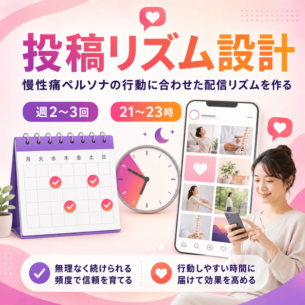投稿頻度や21〜23時の配信タイミングを意識したペインクリニックのInstagram投稿リズム設計のイラスト