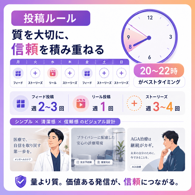 投稿頻度や20〜22時の配信タイミング、清潔感のあるビジュアル設計をまとめたイラスト