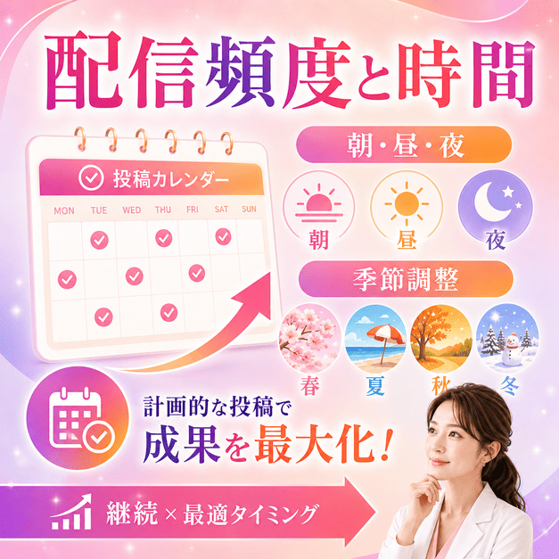 投稿カレンダーと朝昼夜の配信タイミング、季節調整でInstagram運用成果を高めるイメージ