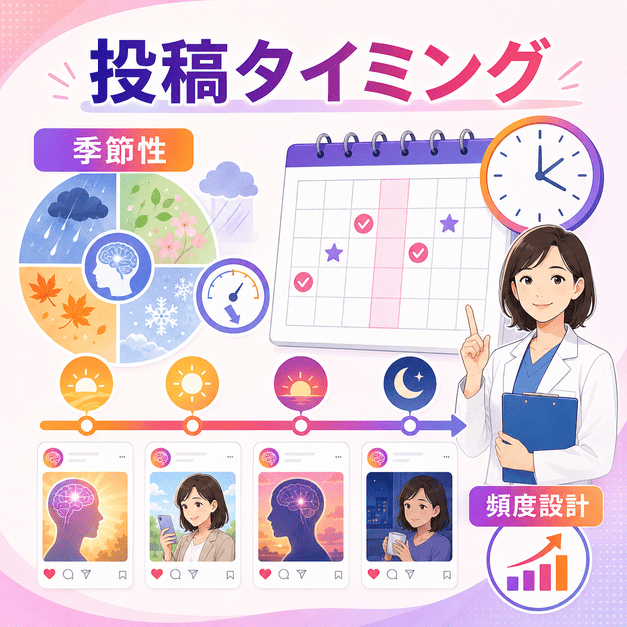 投稿カレンダー、時間帯、季節性を組み合わせてInstagramの配信頻度を設計する様子を表したイラスト