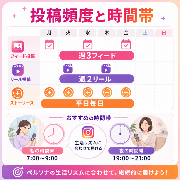 フィード週3回、リール週2回、ストーリーズ平日毎日など投稿頻度と時間帯の設計を示したイラスト