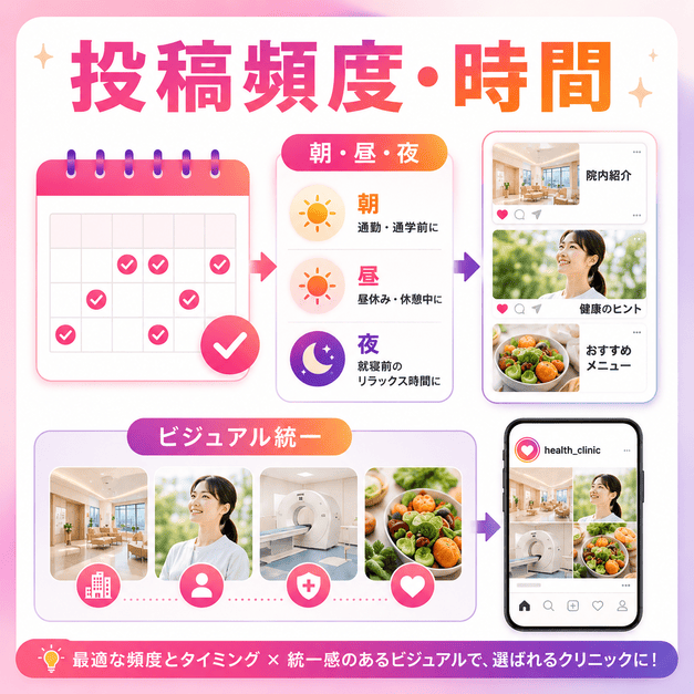 投稿頻度、配信時間、ビジュアル統一によって健診クリニックのInstagram運用を改善するイラスト
