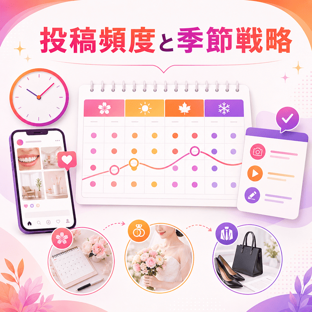 投稿カレンダー、時間帯、ブライダルや就活などの季節イベントに合わせたInstagram配信計画を示したイラスト