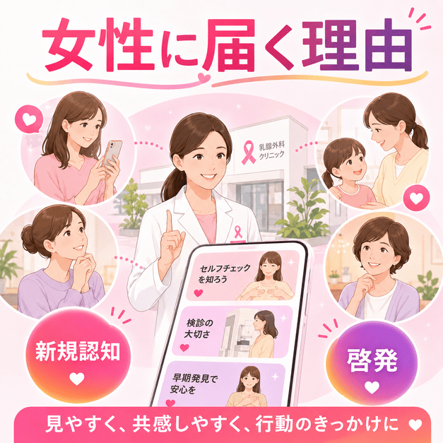 乳腺外科クリニックがInstagramで女性に検診啓発やセルフチェック情報を届けるイメージ