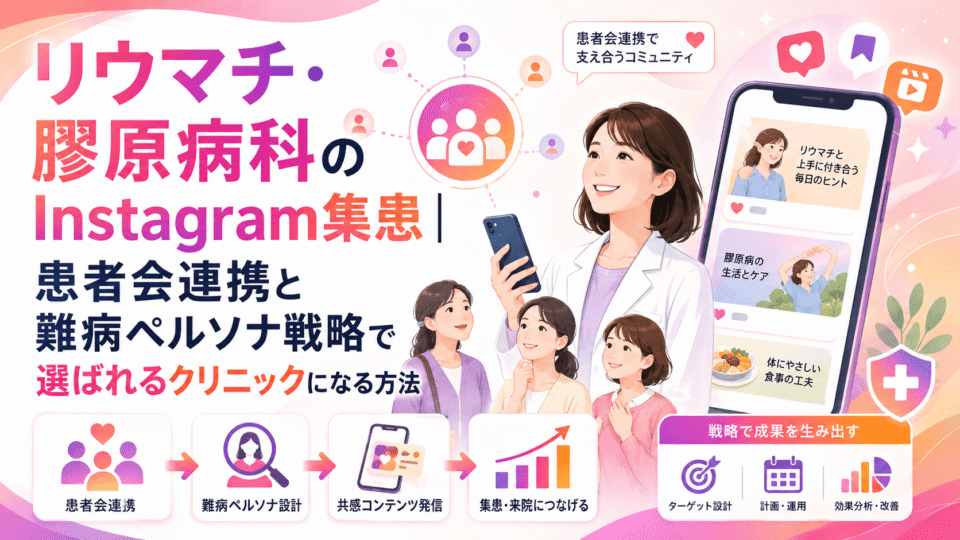 リウマチ・膠原病科のInstagram集患で患者会連携や難病ペルソナ戦略を解説する医療マーケティング画像
