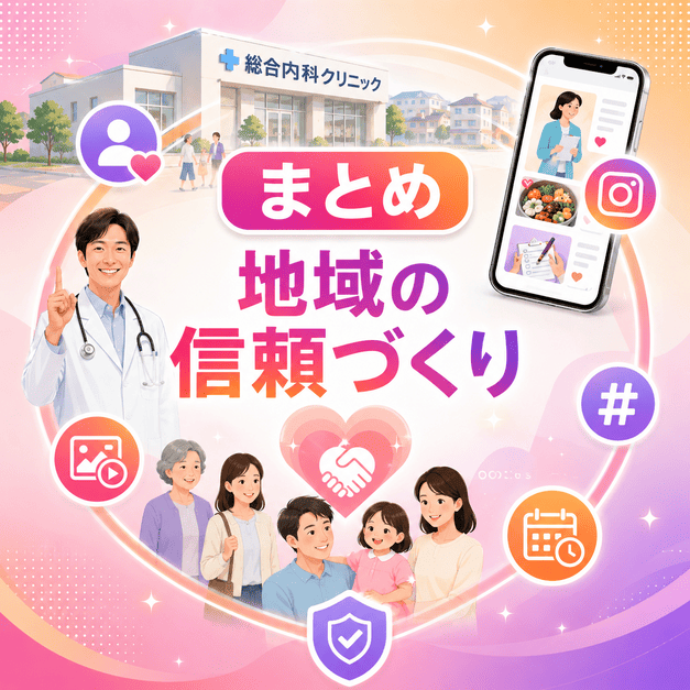 Instagram運用を通じて総合内科クリニックが地域住民との信頼関係を築き、かかりつけ医として選ばれる様子を表したイラスト