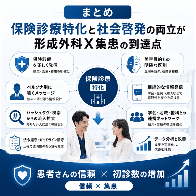 保険診療特化と社会啓発を両立し、患者の信頼と初診数増加につなげる形成外科X運用のまとめ図解
