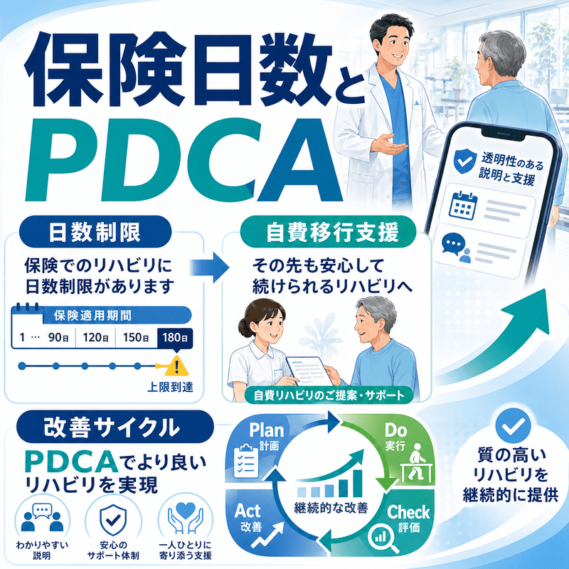 保険リハビリの日数制限と自費移行支援、PDCA改善サイクルを説明する図解