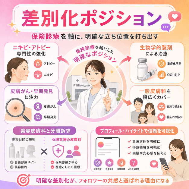 保険診療を軸にした皮膚科クリニックの差別化ポジションを、診療領域ごとのカードで整理したイラスト