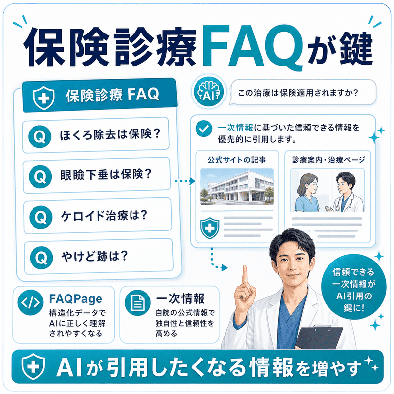 ほくろ除去・眼瞼下垂・ケロイド・やけど跡などの保険診療FAQがAI引用につながることを示した図