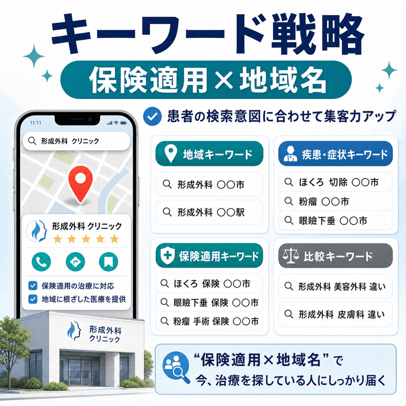 形成外科のMEOキーワード戦略として保険適用と地域名を組み合わせた検索設計を示す図