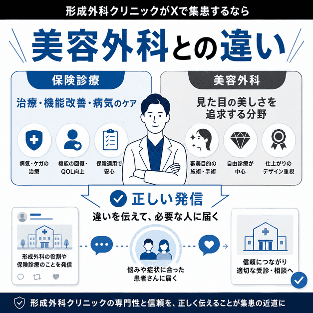 保険診療の形成外科と美容外科の違いを比較し、正しい発信で患者に伝える図解