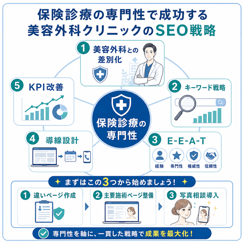 strategy-summary
保険診療の専門性を中心に、美容外科との差別化・キーワード戦略・E-E-A-T・導線設計・KPI改善をまとめた図