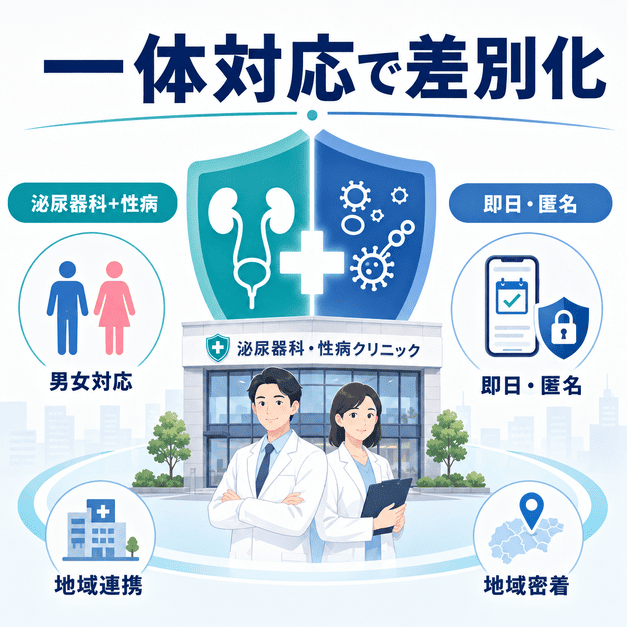 泌尿器科と性病診療の一体対応により、男女対応や即日・匿名対応で競合と差別化する図解
