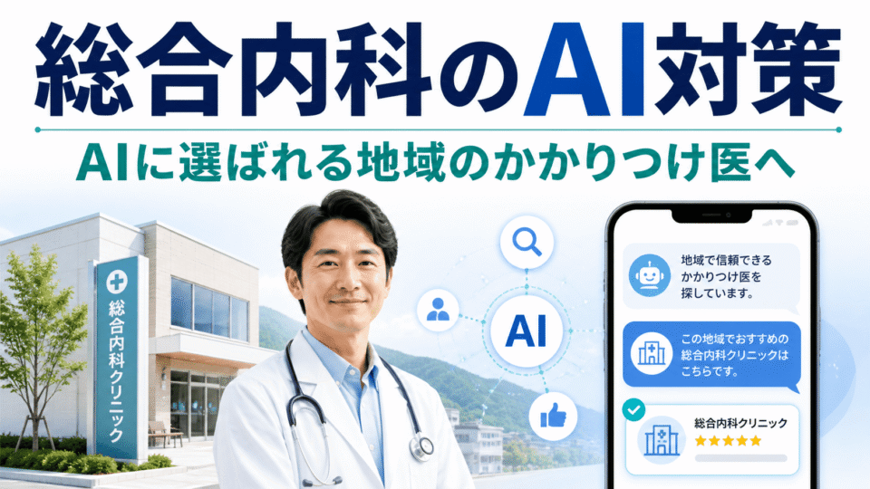 総合内科クリニックがAI検索で地域のかかりつけ医として推薦されるためのLLMO対策を表したアイキャッチ画像