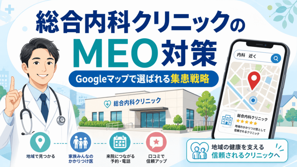 総合内科クリニックがGoogleマップで地域のかかりつけ医として選ばれるためのMEO対策を表したアイキャッチ画像