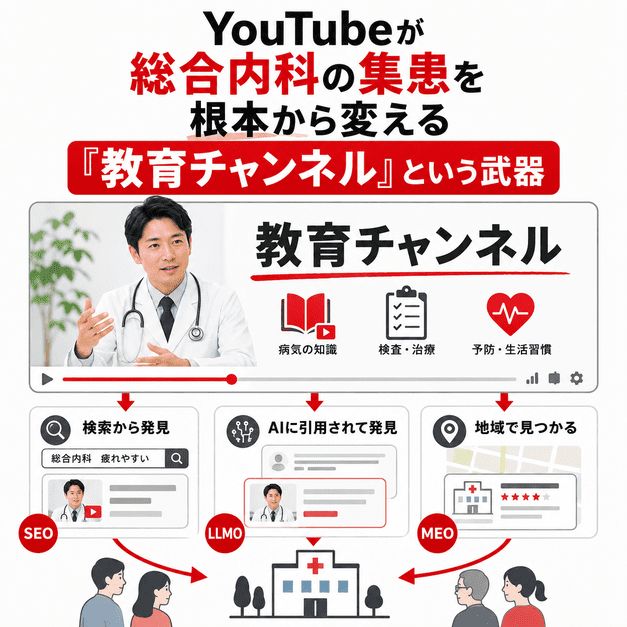 総合内科専門医の教育チャンネルがSEOやLLMOと連動して患者に届く流れを示したイラスト