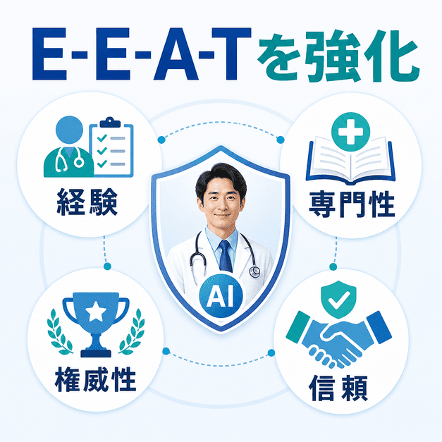 総合内科の医師情報を経験・専門性・権威性・信頼性の4要素で整えAI評価を高める図解