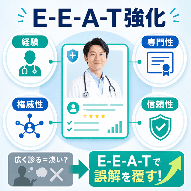 総合内科医の経験・専門性・権威性・信頼性を示し、E-E-A-T強化で広く診ることへの誤解を覆す図解