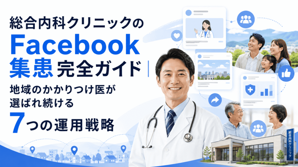 総合内科クリニックの医師と地域住民、SNS発信や集患導線を表したFacebook集患完全ガイドのアイキャッチ画像