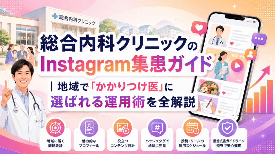 総合内科クリニックがInstagramを活用して地域のかかりつけ医として選ばれるための集患ガイドを表したイラスト