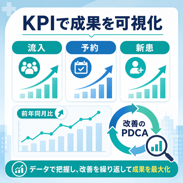 総合内科SEOの成果を流入・予約・新患のKPIで可視化し、前年同月比とPDCAで改善する流れを示した図解