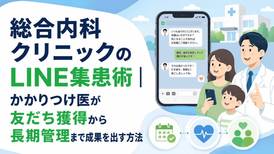 総合内科クリニックがLINEを活用して友だち獲得から長期管理まで行う集患施策を表したイラスト