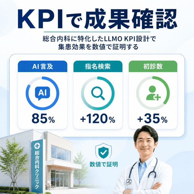 AI言及数・指名検索数・初診数などのKPIで総合内科のLLMO成果を確認する図解