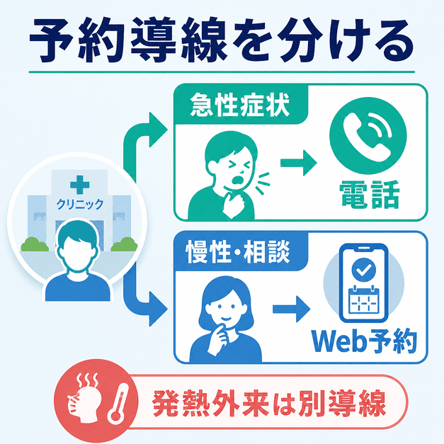 急性症状は電話、慢性疾患や相談はWeb予約、発熱外来は別導線に分ける総合内科の予約導線を示した図解
