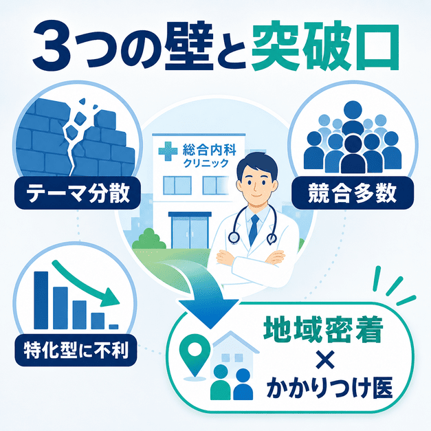 総合内科クリニックがSEOで直面するテーマ分散・競合多数・特化型に不利という3つの壁と、地域密着とかかりつけ医による突破口を示した図解