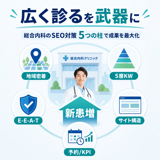 総合内科のSEO対策を、地域密着・5層キーワード・E-E-A-T・サイト構造・予約とKPIで新患増につなげる総まとめ図