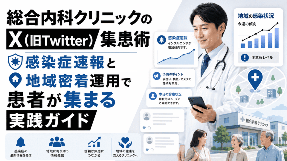 総合内科クリニックのX集患術として、感染症速報や地域密着運用、スマートフォンでの情報発信と患者導線を表したアイキャッチ画像
