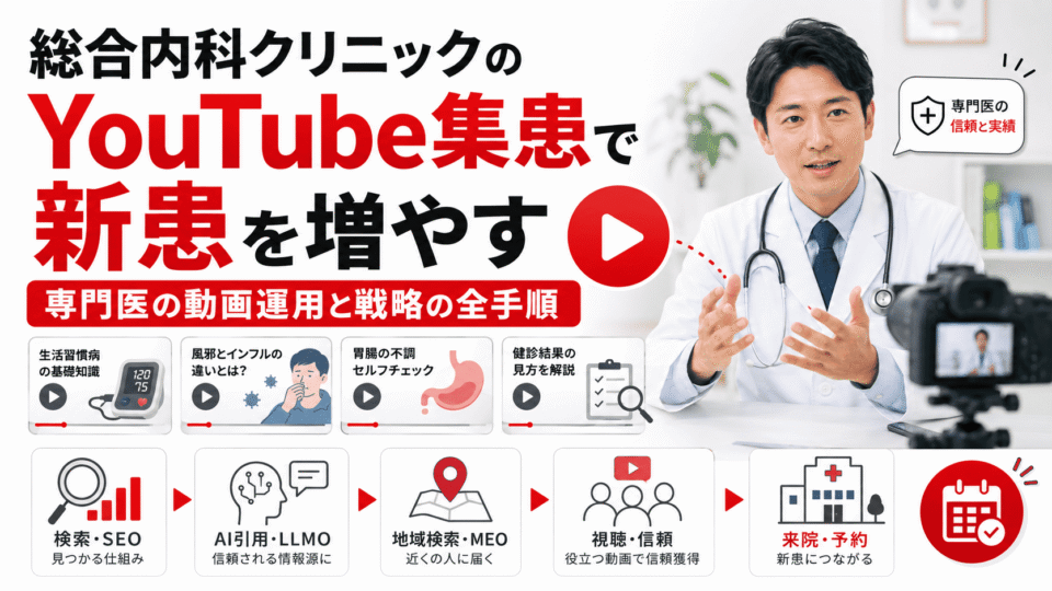 総合内科クリニックがYouTube動画運用で新患獲得を目指す戦略を表したアイキャッチ画像